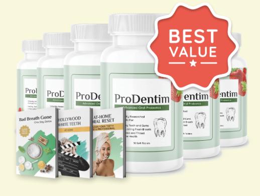 ProDentim bottles and promotional bonus materials