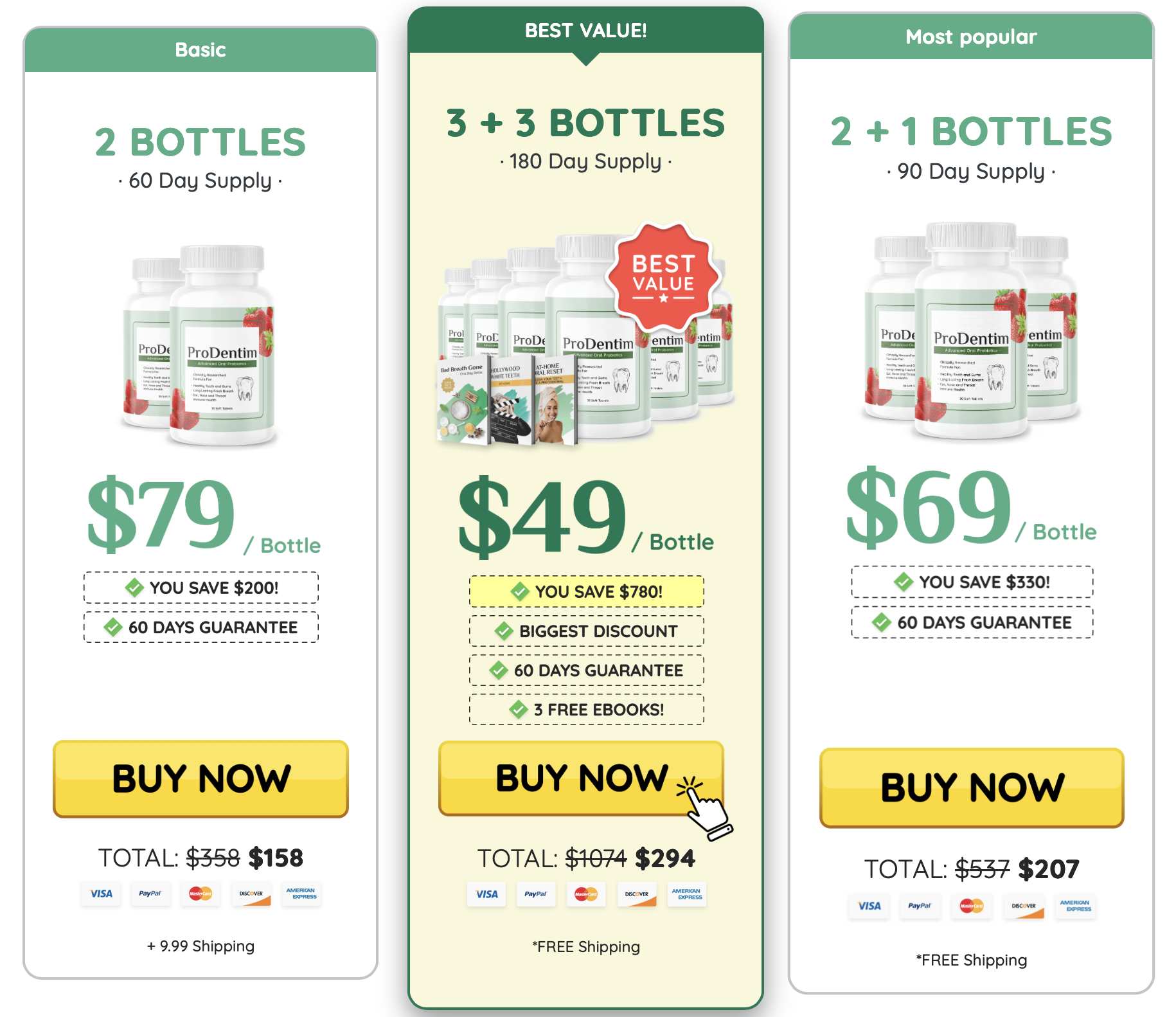 ProDentim package comparison showing three available offer options